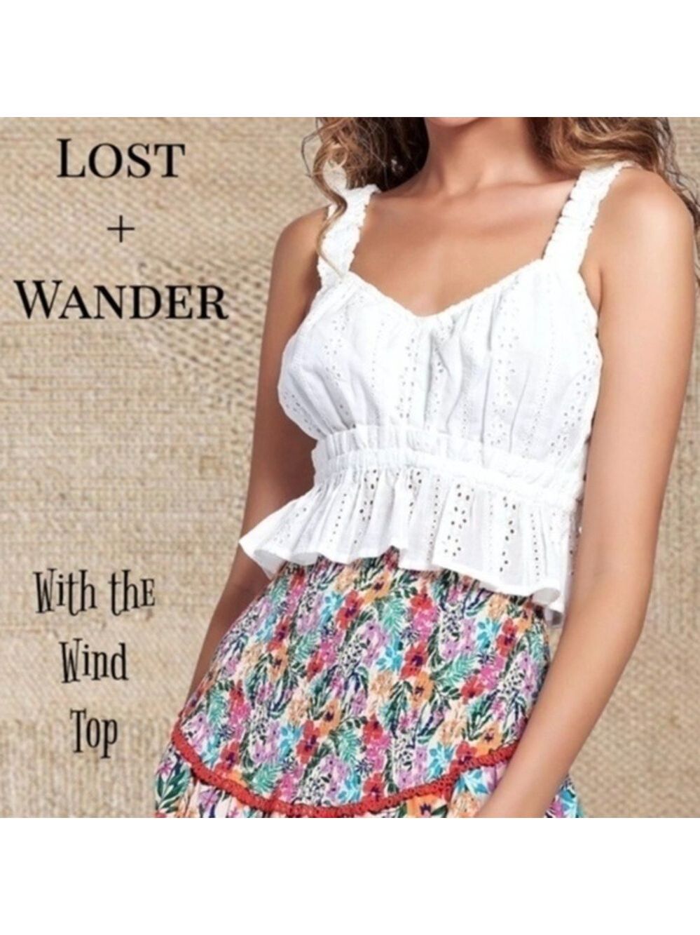 LOST + WANDER With The Wind Sleeveless Sweetheart Neck Peplum Hem Eyelet Top